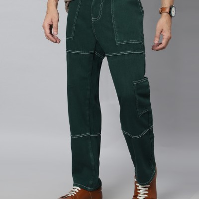 Dark Green Solid Full Length High Rise Casual Men Cargo Jeans