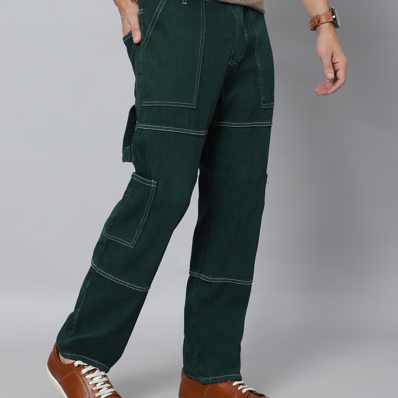 Dark Green Solid Full Length High Rise Casual Men Cargo Jeans