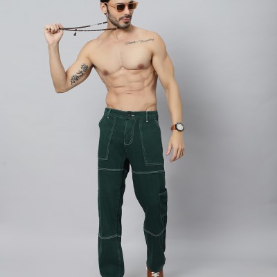 Dark Green Solid Full Length High Rise Casual Men Cargo Jeans