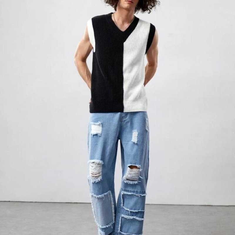 Trendy Loose Fit With Patchwork Light Blue Jeans