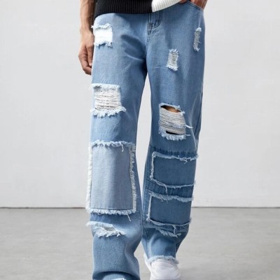 Trendy Loose Fit With Patchwork Light Blue Jeans