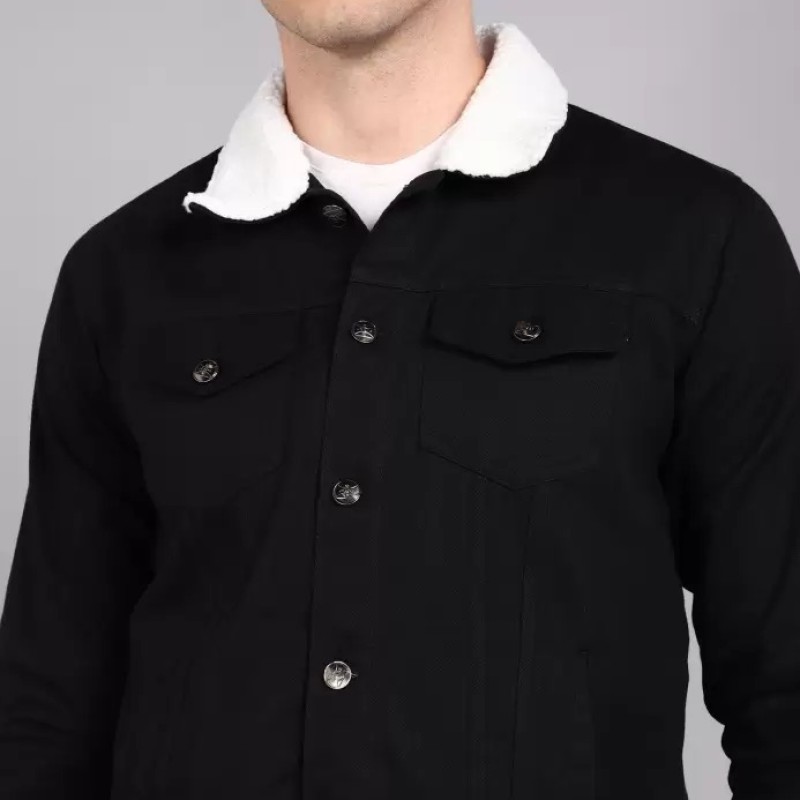 Black Cotton Denim Jacket for Men