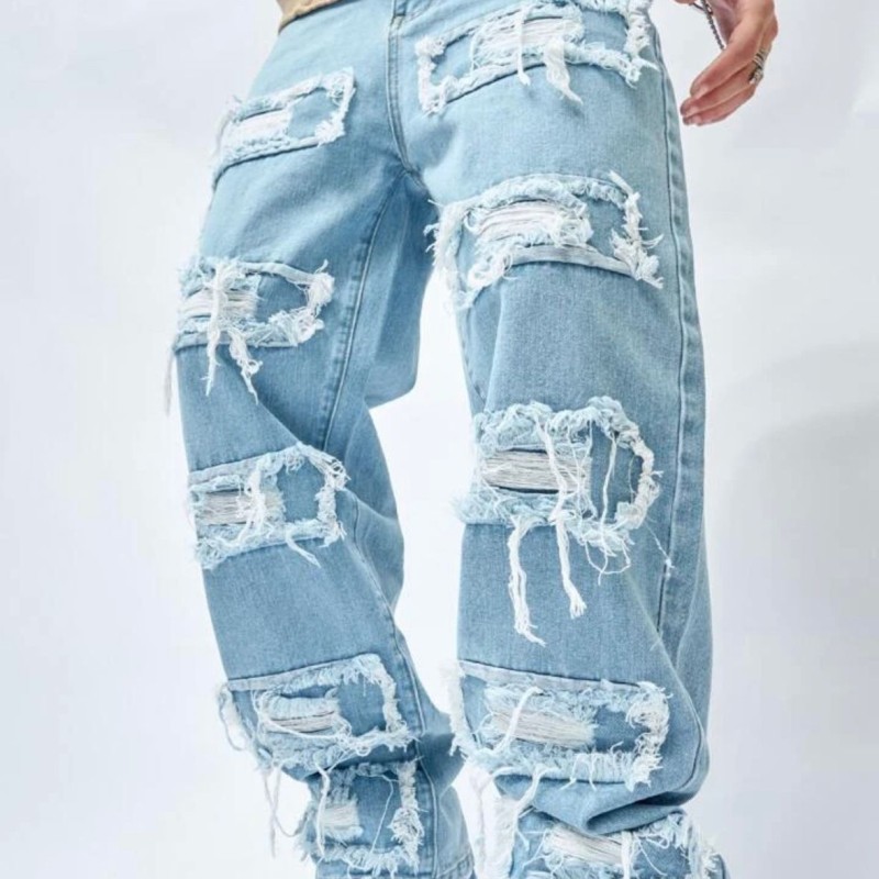 Light Blue Relaxed Straight Fit Men's Distressed Jeans