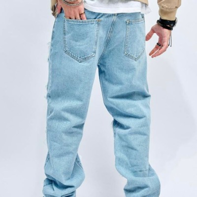 Light Blue Relaxed Straight Fit Men's Distressed Jeans