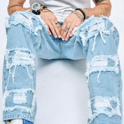 Light Blue Relaxed Straight Fit Men's Distressed Jeans