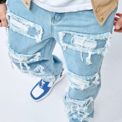 Light Blue Relaxed Straight Fit Men's Distressed Jeans