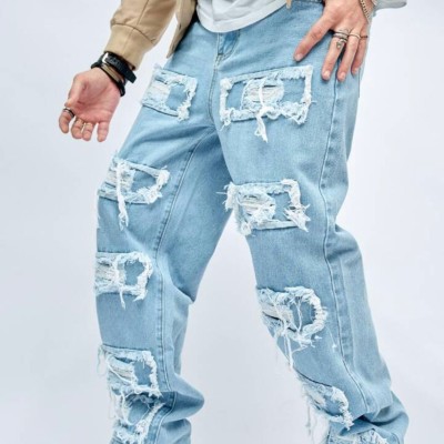 Light Blue Relaxed Straight Fit Men's Distressed Jeans