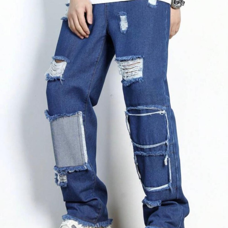 Trendy Loose Fit With Patchwork Blue Jeans