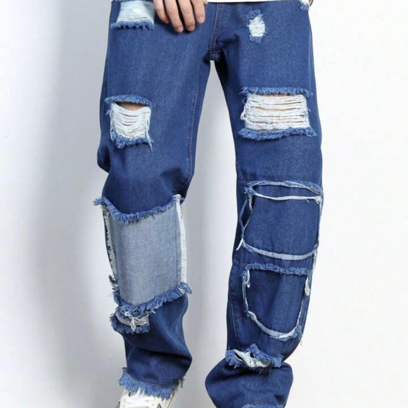 Trendy Loose Fit With Patchwork Blue Jeans